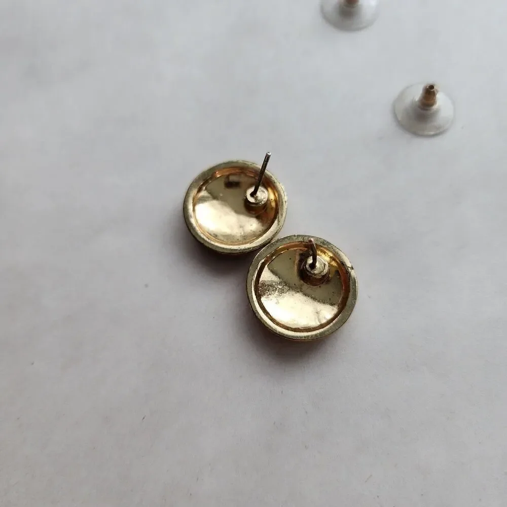 Dillards Vintage Gold Round Button Blue Inlay Post Back Earrings 925 Stamped‎